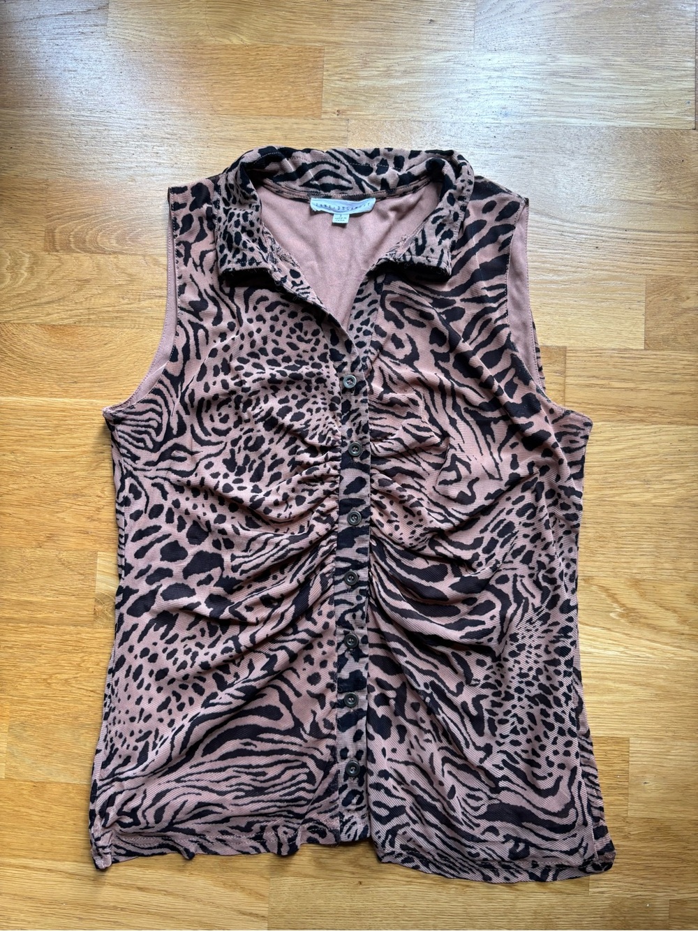 Jane and Delancey Tan and Black Sleeveless Animal-Print Button Front Top